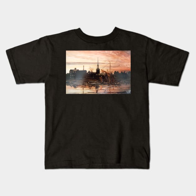 SAILING BARGE PASSING ST MARY'S CHURCH ROTHERHITHE LONDON Kids T-Shirt by MackenzieTar